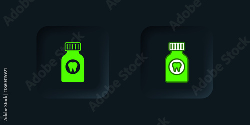 Green Toothache painkiller tablet icon isolated on black background. Tooth care medicine. Capsule pill and drug. Pharmacy design. Black square button. Vector