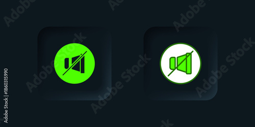 Green Mute microphone icon isolated on black background. Microphone audio muted. Black square button. Vector