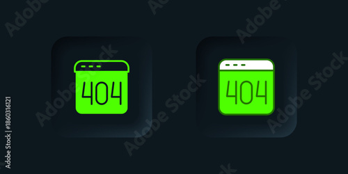 Green Page with a 404 error icon isolated on black background. Template reports that the page is not found. Black square button. Vector