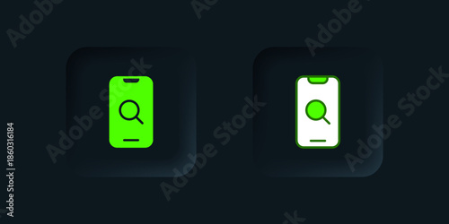 Green Magnifying glass and mobile icon isolated on black background. Search, focus, zoom, business symbol. Black square button. Vector