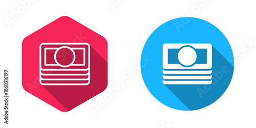 Filled and outline Stacks paper money cash icon isolated with long shadow background. Money banknotes stacks. Bill currency. Vector