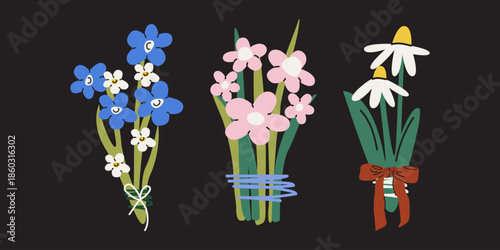 Cartoon spring bouquet set with different flowers. Cute wild flowers for Women's Day, Mother's Day and other spring holidays. Vector illustration