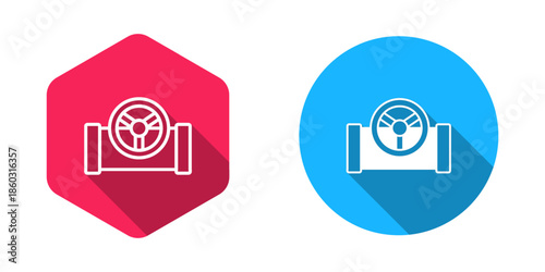 Filled and outline Oil pipe with valve icon isolated with long shadow background. Vector