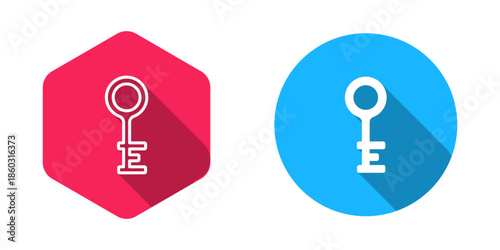Filled and outline Old key icon isolated with long shadow background. Vector