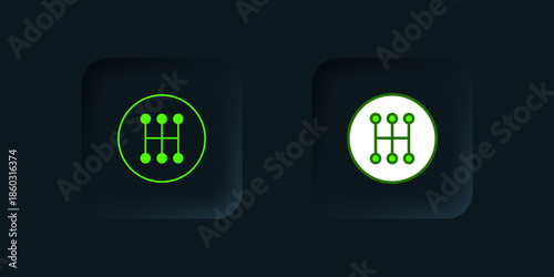 Green Gear shifter icon isolated on black background. Manual transmission icon. Black square button. Vector