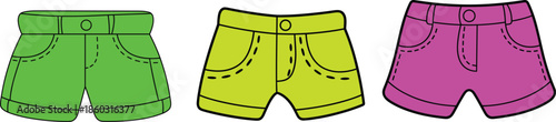 Set of three colorful cartoon shorts in green yellow   casual summer clothing vector illustration isolated on