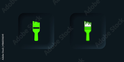 Green Paint brush icon isolated on black background. Black square button. Vector