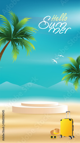 Hello Summer tropical beach background with palm trees, blue sky, sandy shore and empty podium. Travel vacation concept with suitcase, hat and sunglasses illustration.