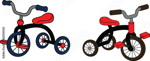 Set of two cartoon tricycles for children with three wheels, red seats and black frames, flat vector illustration isolated on white background.