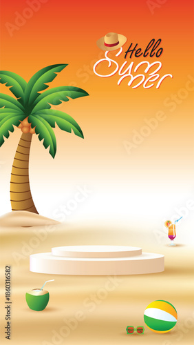 Summer beach podium scene with palm tree, sunset sky, tropical drinks and beach ball. Minimal 3D display background for summer sale, travel, holiday promotion.