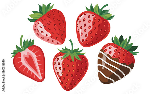Colorful Strawberries Illustration Set with Chocolate Drizzle