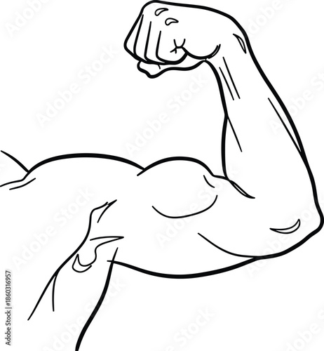Strong arm muscle flexing bicep, bodybuilder power symbol, fitness workout icon, black line art sketch, isolated vector illustration, cad drawing flat vector illustration.