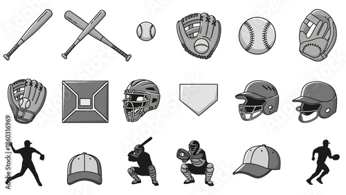Silhouettes of baseball players with bats, gloves, helmets and balls in action.