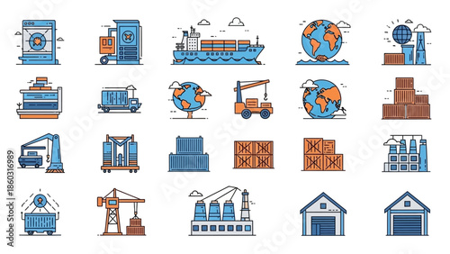 Icon-style montage of industrial machinery and factory elements in blue line art.