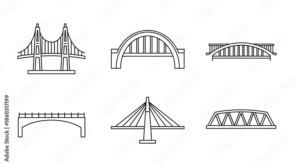 Fototapeta premium Collection of minimalist line drawings featuring multiple bridge designs and spans.