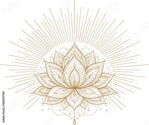 Elegant golden lotus flower mandala with sunburst lines