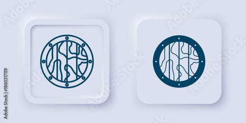 Filled and outline Round wooden shield icon isolated on grey background. Security, safety, protection, privacy, guard concept. Square button. Vector