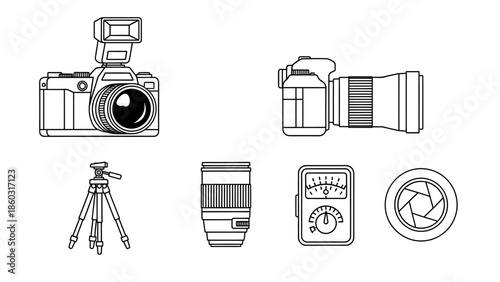 Stylized photography gear icons depicting camera, lens, tripod, and accessories in a line art set.