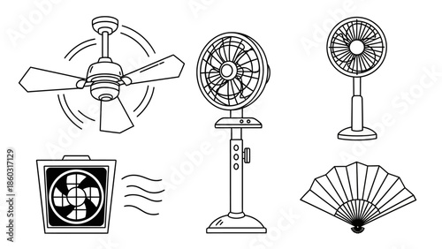 Set of various household fans including ceiling, pedestal, table, and box fans for cooling and air circulation.