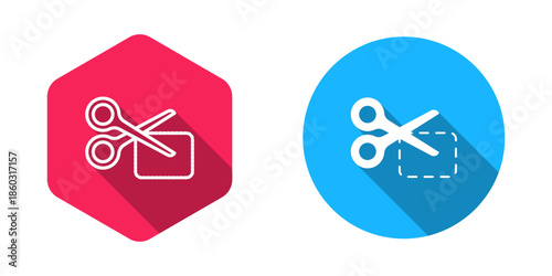 Filled and outline Scissors cuts discount coupon icon isolated with long shadow background. The concept of selling in an online supermarket at low prices or half the cost. Vector