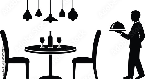 Restaurant Interior Silhouette Vector Illustration on White Background