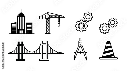 Set of black vector icons depicting buildings, a crane, gears, a suspension bridge, and surveying instruments.