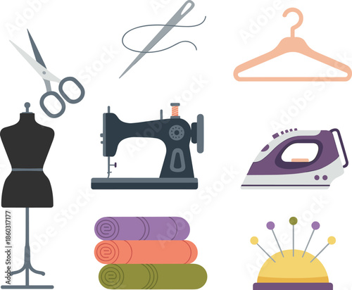 Sewing tools, tailoring equipment, scissors, needle, thread, sewing machine, dress form, iron, fabric rolls, vector illustration