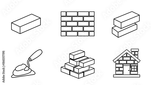 Collection of construction and masonry illustrations featuring bricks, wall, trowel, blocks, and a small building scene.
