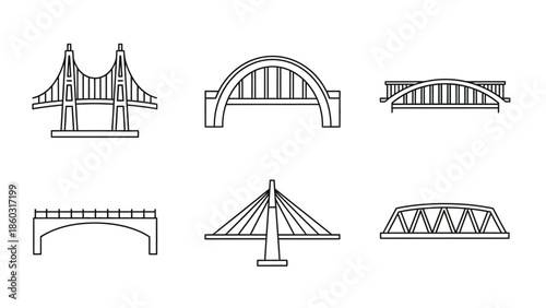 Collection of minimalist line drawings featuring multiple bridge designs and spans.