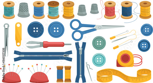 Sewing tool icon set, colorful vector illustrations of thread, scissors, buttons, zippers, and accessories for crafting, tailoring, and design projects