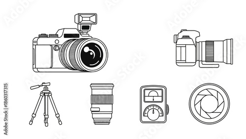 Collection of photography gear icons including camera, lenses, tripod, flash and accessories.
