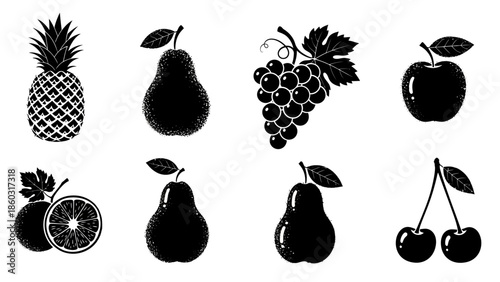 Monochrome silhouettes of assorted fruits including pineapple, pear, grapes, apple and cherries.