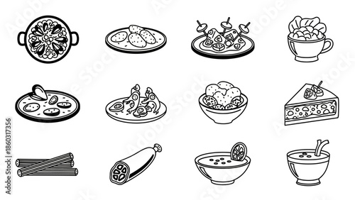 Assorted global food icons featuring noodles, pizza, dumplings and bowls of soup.