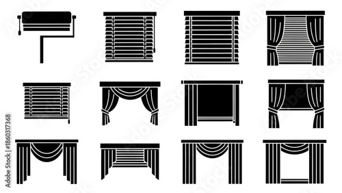 Collection of window blinds and curtains layouts in black and white illustrations.