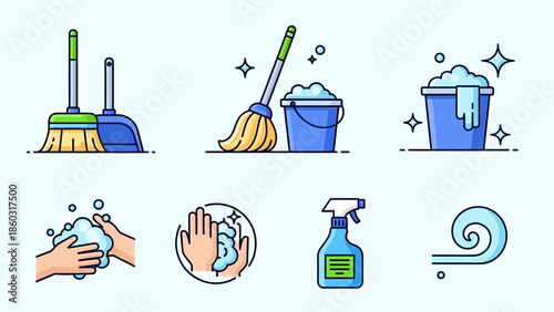 Clean Home Tools and Hand Washing Scene With Broom, Mop, Bucket and Spray Bottle Illustration.