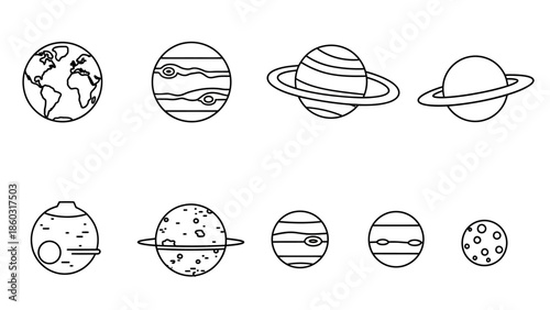 A collection of hand-drawn planets with rings and celestial motifs in a monochrome space theme.