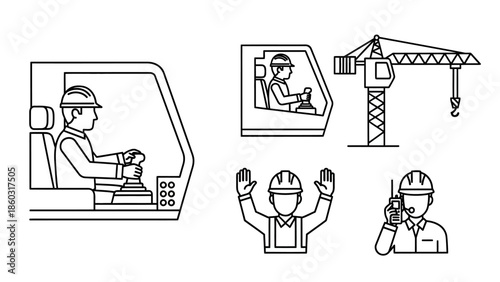Construction site workers operating heavy machinery with crane at a busy project.