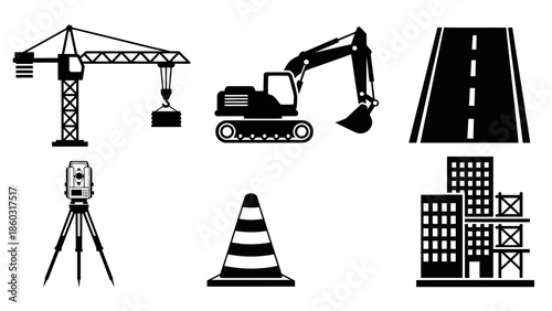 Urban construction site featuring crane, excavator, roadwork, and surrounding buildings.