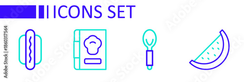 Set line Watermelon, Spoon, Cookbook and Hotdog icon. Vector
