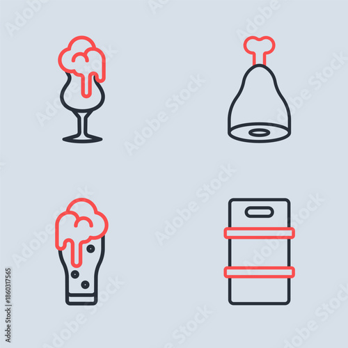 Set line Chicken leg, Glass of beer, Metal keg and icon. Vector