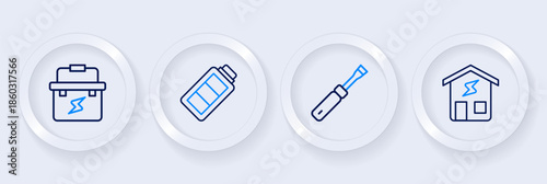 Set line Smart home, Screwdriver, Battery charge and Toolbox electrician icon. Vector
