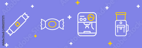 Set line Electric coffee grinder, Coffee machine, Candy and Sugar stick packets icon. Vector