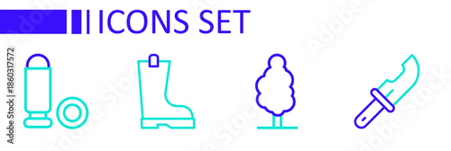 Set line Hunter knife, Tree, Waterproof rubber boot and Bullet icon. Vector