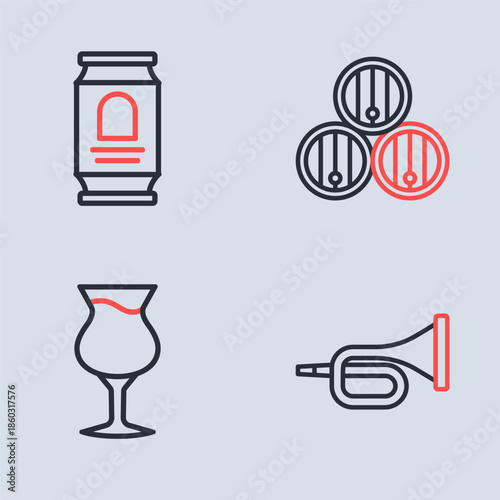 Set line Wooden barrel, Glass of beer, Trumpet and Beer can icon. Vector
