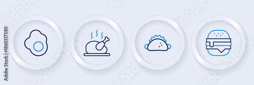 Set line Burger, Taco with tortilla, Roasted turkey chicken and Scrambled egg icon. Vector