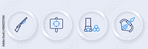 Set line Medieval bow and arrow, Cartridges, Target sport and Hunting gun icon. Vector