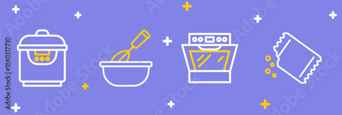 Set line Packet of pepper, Oven, Cooking whisk with bowl and Slow cooker icon. Vector