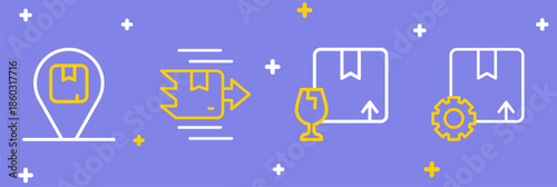 Set line Gear with package box, Package fragile content, Carton cardboard and Location icon. Vector