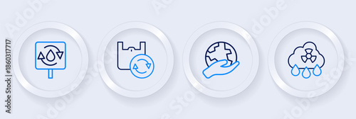 Set line Acid rain radioactive cloud, Hand holding Earth globe, Shopping bag with recycle and Recycle clean aqua icon. Vector