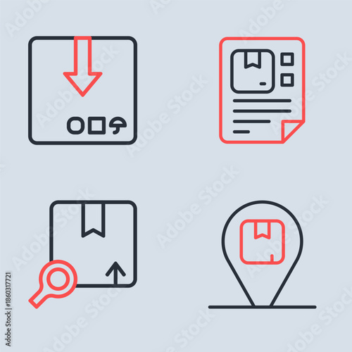 Set line Waybill, Search package, Location with cardboard box and Carton icon. Vector